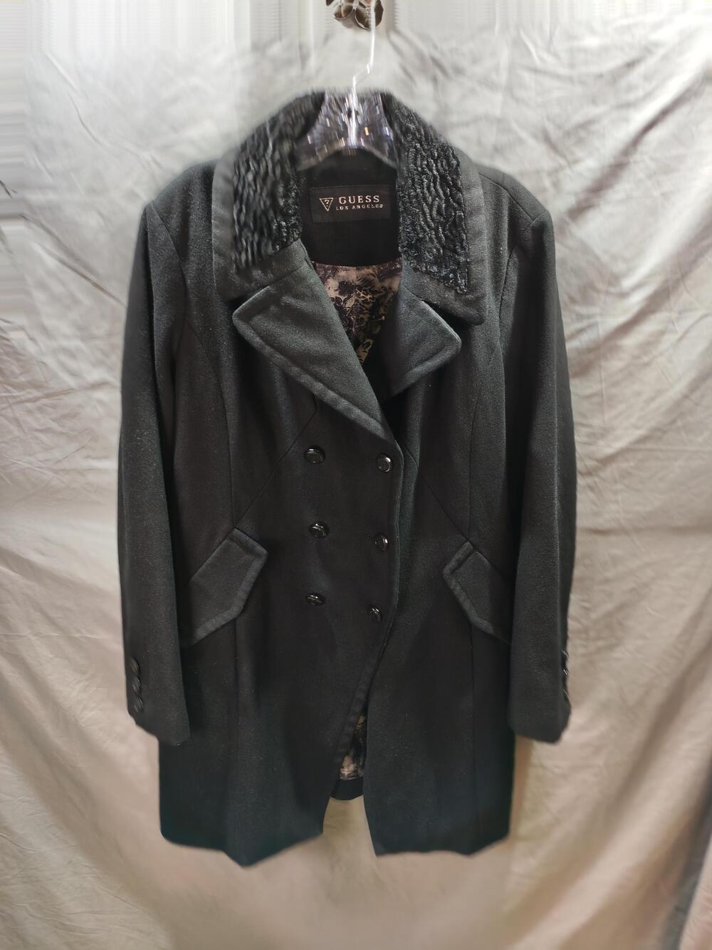 Guess Coat Womens XL Black Faux Fur Collar Double Breasted Lined Winter Jacket